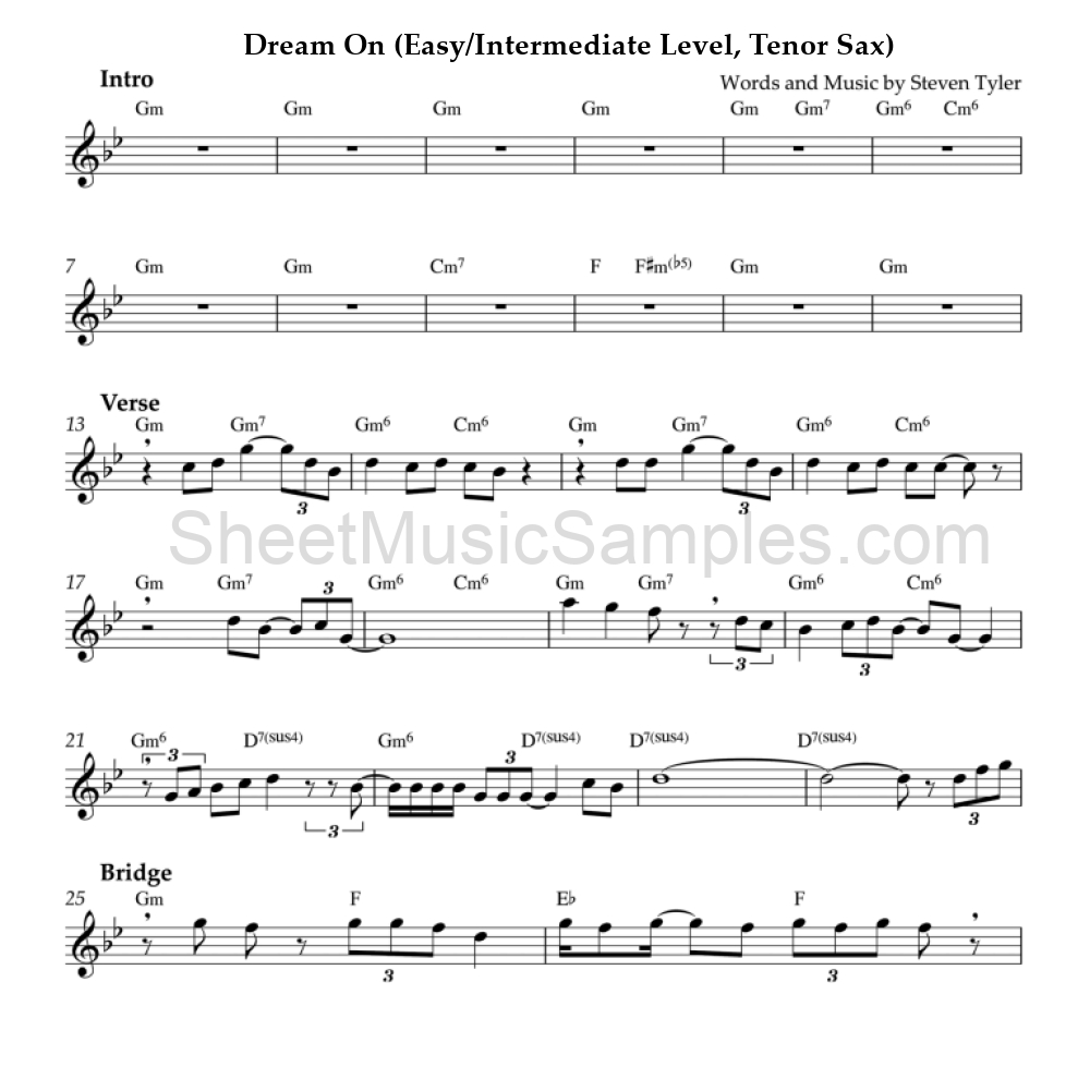 Dream On (Easy/Intermediate Level, Tenor Sax)