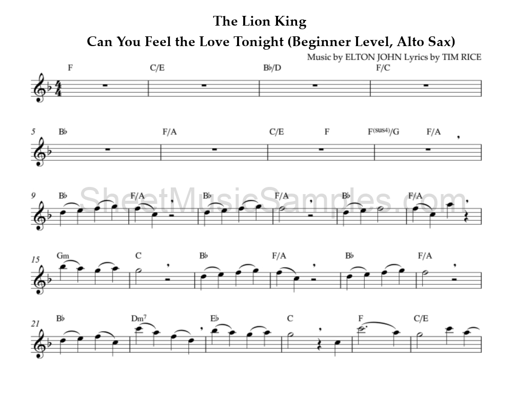 The Lion King - Can You Feel the Love Tonight (Beginner Level, Alto Sax)