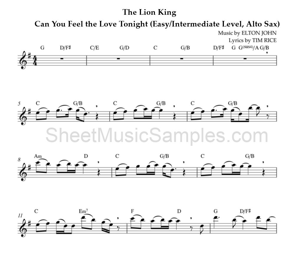 The Lion King - Can You Feel the Love Tonight (Easy/Intermediate Level, Alto Sax)