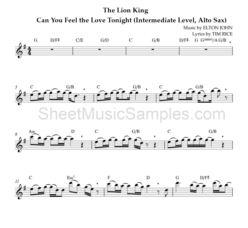 The Lion King - Can You Feel the Love Tonight (Intermediate Level, Alto Sax)