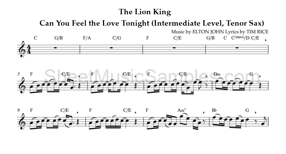 The Lion King - Can You Feel the Love Tonight (Intermediate Level, Tenor Sax)