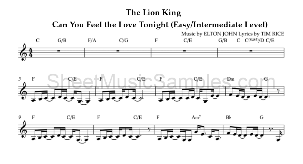 The Lion King - Can You Feel the Love Tonight (Easy/Intermediate Level)