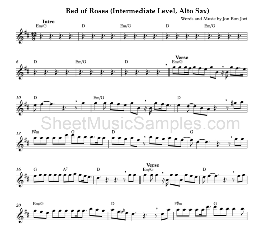 Bed of Roses (Intermediate Level, Alto Sax)