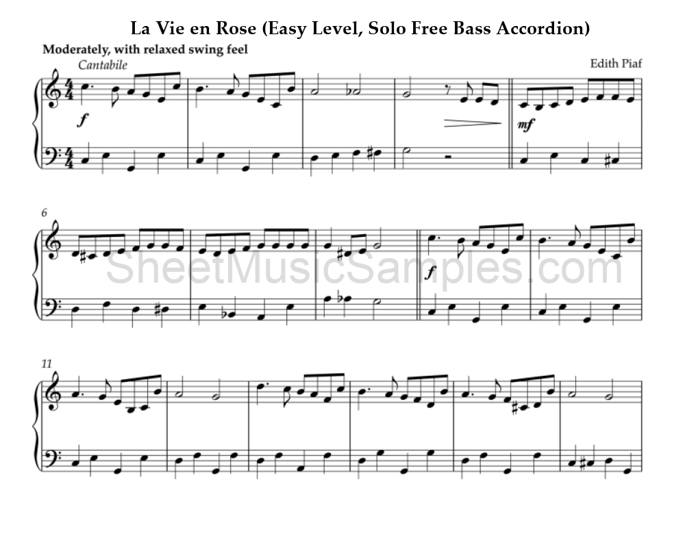 La Vie en Rose (Easy Level, Solo Free Bass Accordion)