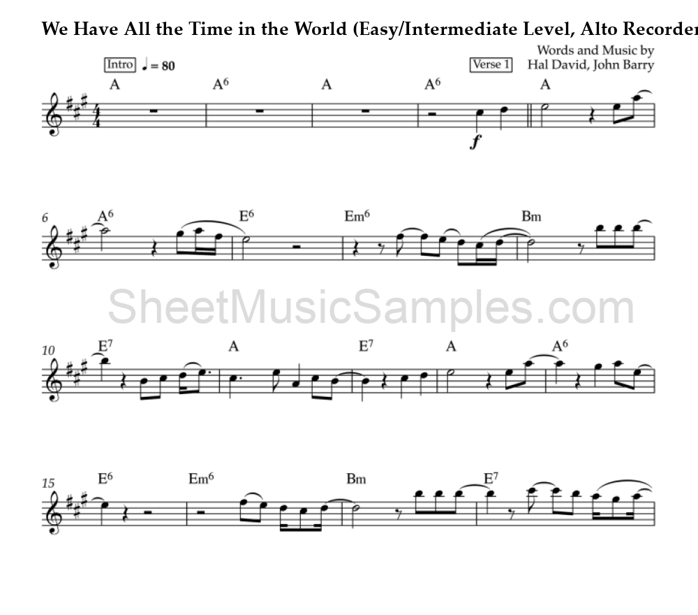 We Have All the Time in the World (Easy/Intermediate Level, Alto Recorder)