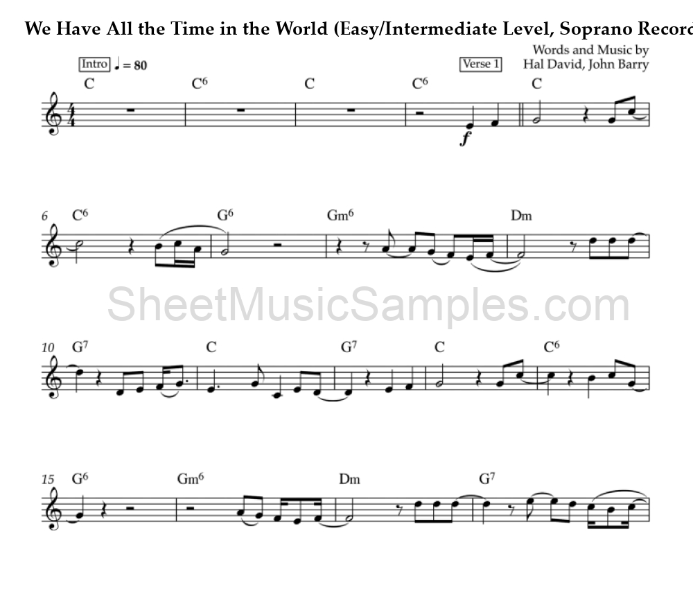 We Have All the Time in the World (Easy/Intermediate Level, Soprano Recorder)