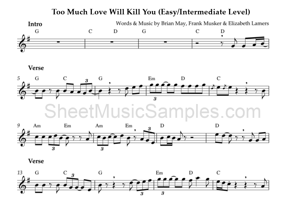 Too Much Love Will Kill You (Easy/Intermediate Level)