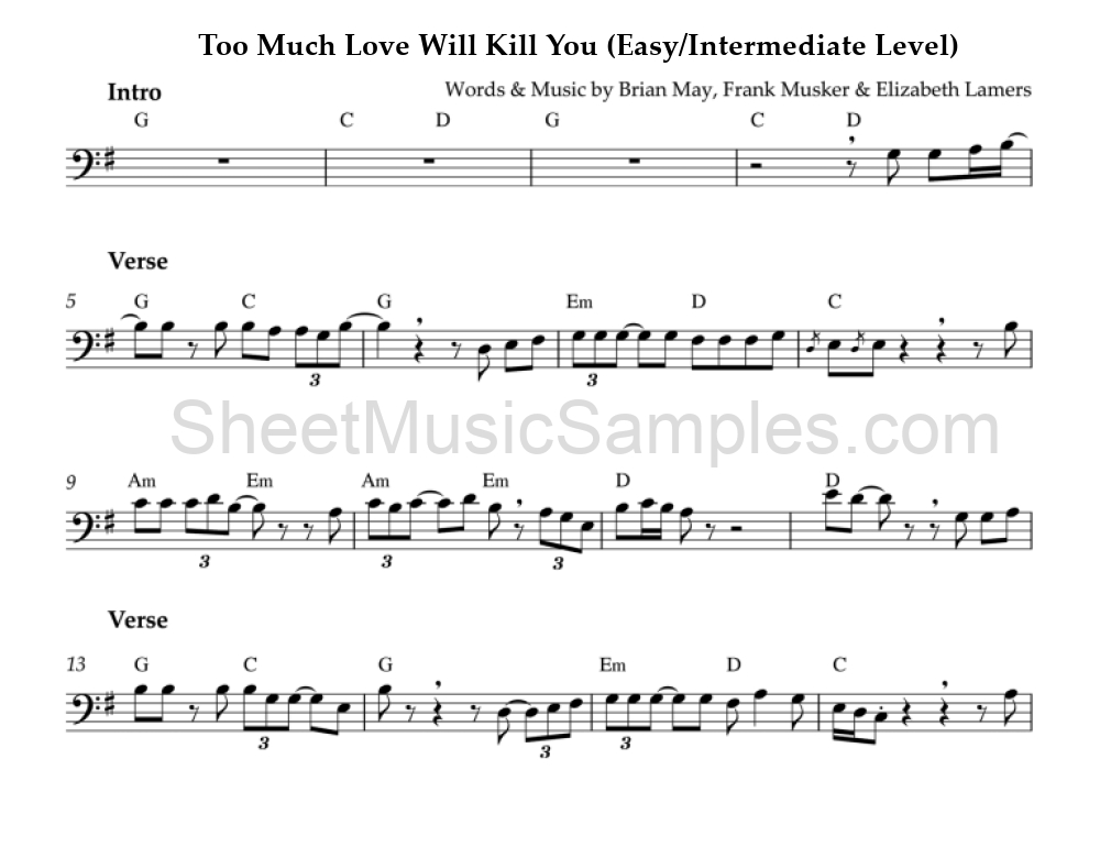 Too Much Love Will Kill You (Easy/Intermediate Level)