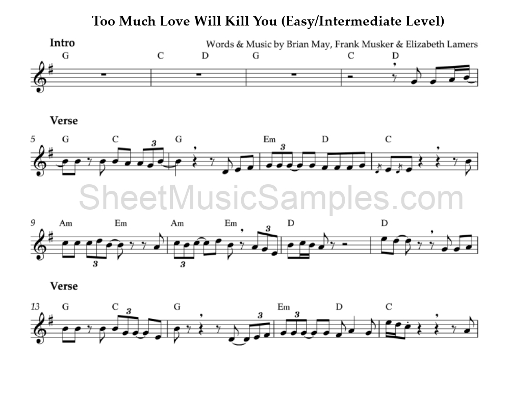 Too Much Love Will Kill You (Easy/Intermediate Level)