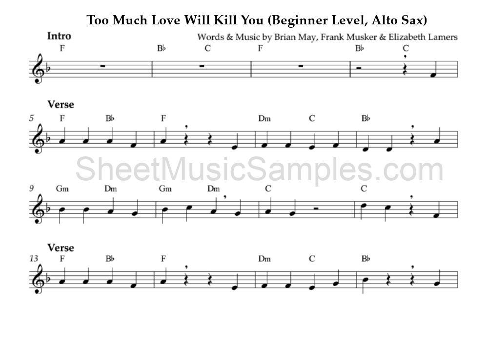 Too Much Love Will Kill You (Beginner Level, Alto Sax)