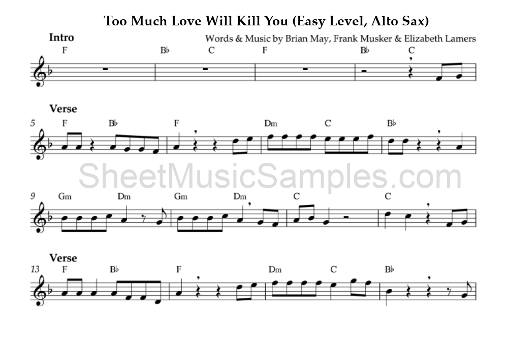 Too Much Love Will Kill You (Easy Level, Alto Sax)