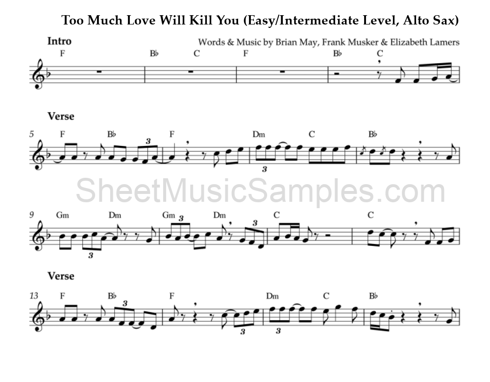 Too Much Love Will Kill You (Easy/Intermediate Level, Alto Sax)