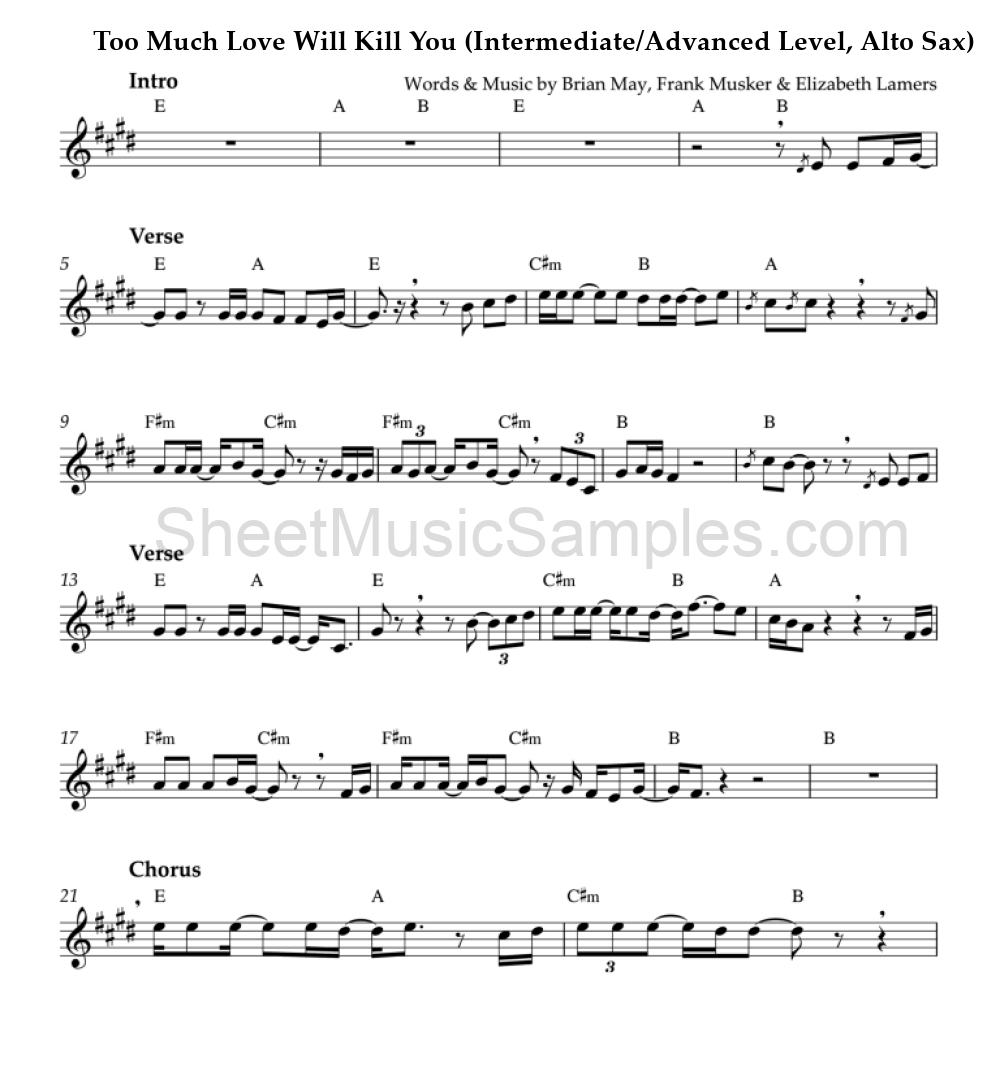 Too Much Love Will Kill You (Intermediate/Advanced Level, Alto Sax)