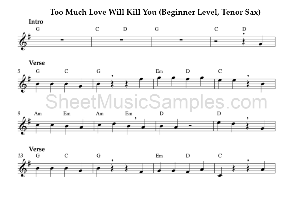 Too Much Love Will Kill You (Beginner Level, Tenor Sax)