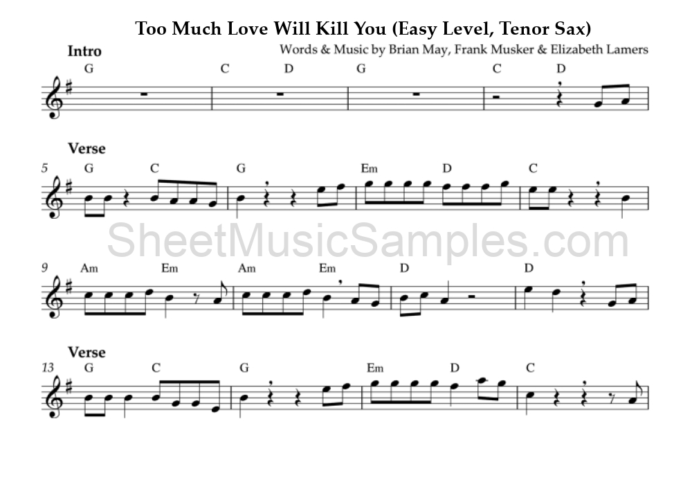 Too Much Love Will Kill You (Easy Level, Tenor Sax)