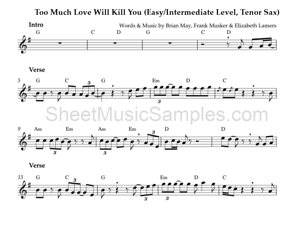 Too Much Love Will Kill You (Easy/Intermediate Level, Tenor Sax)