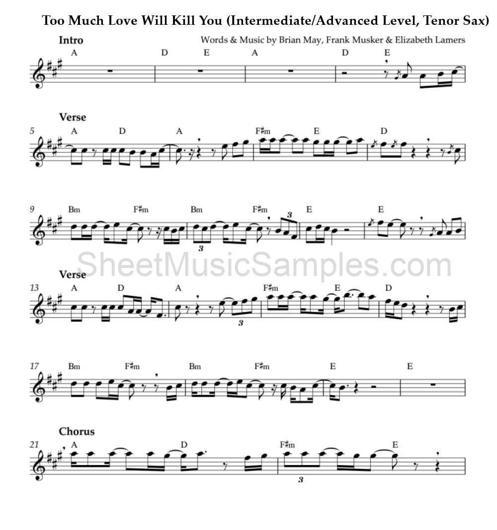 Too Much Love Will Kill You (Intermediate/Advanced Level, Tenor Sax)