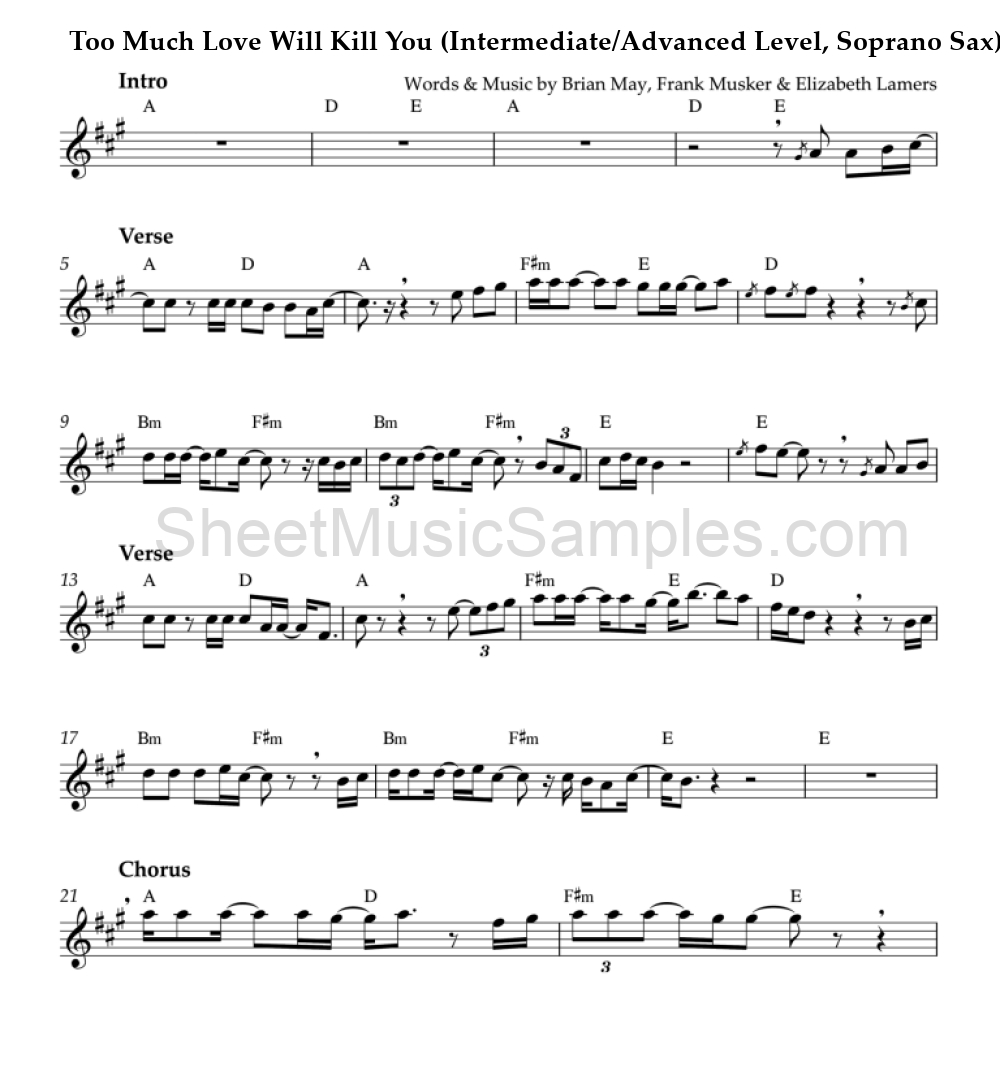 Too Much Love Will Kill You (Intermediate/Advanced Level, Soprano Sax)