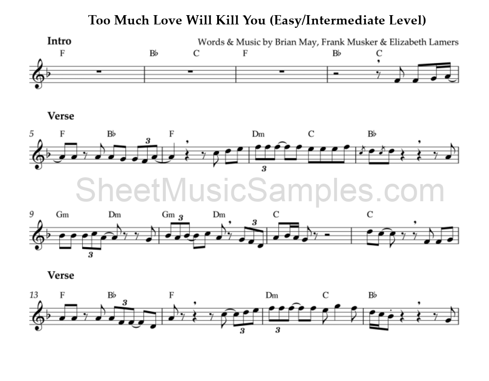 Too Much Love Will Kill You (Easy/Intermediate Level)