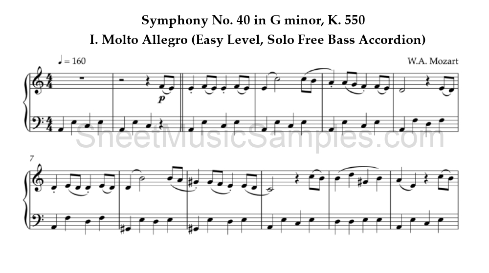 Symphony No. 40 in G minor, K. 550 - I. Molto Allegro (Easy Level, Solo Free Bass Accordion)