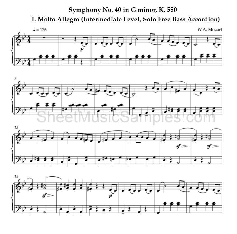 Symphony No. 40 in G minor, K. 550 - I. Molto Allegro (Intermediate Level, Solo Free Bass Accordion)