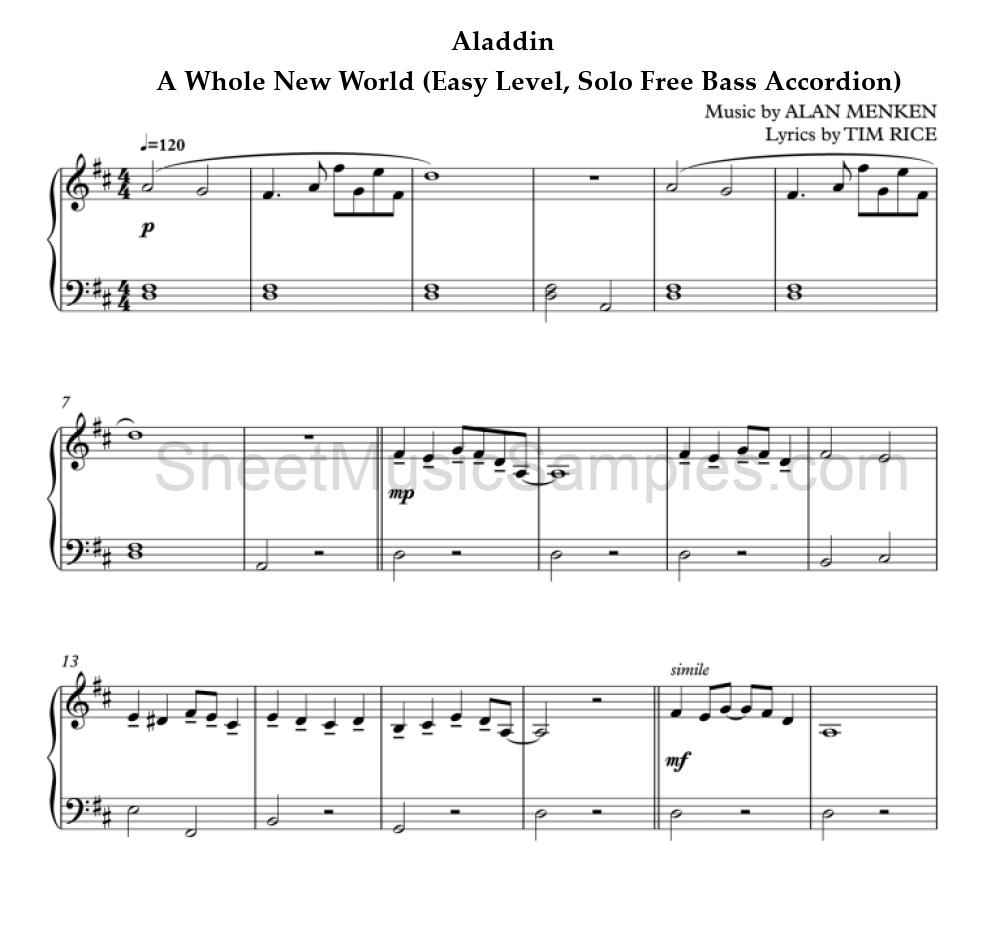 Aladdin - A Whole New World (Easy Level, Solo Free Bass Accordion)