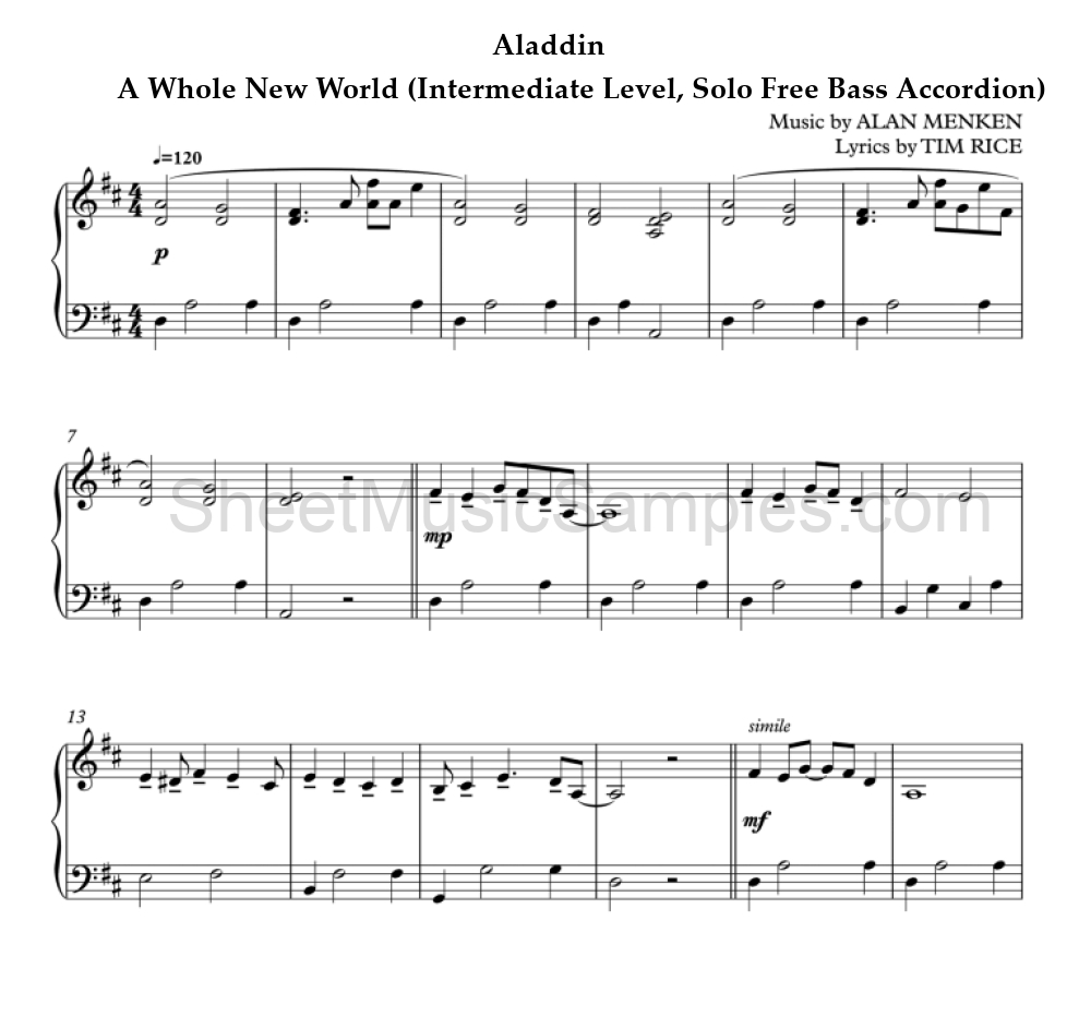 Aladdin - A Whole New World (Intermediate Level, Solo Free Bass Accordion)