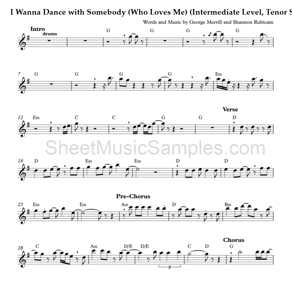 I Wanna Dance with Somebody (Who Loves Me) (Intermediate Level, Tenor Sax)