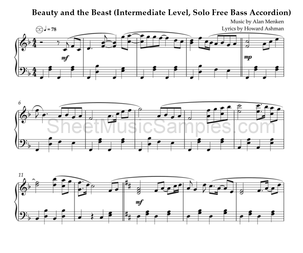 Beauty and the Beast (Intermediate Level, Solo Free Bass Accordion)