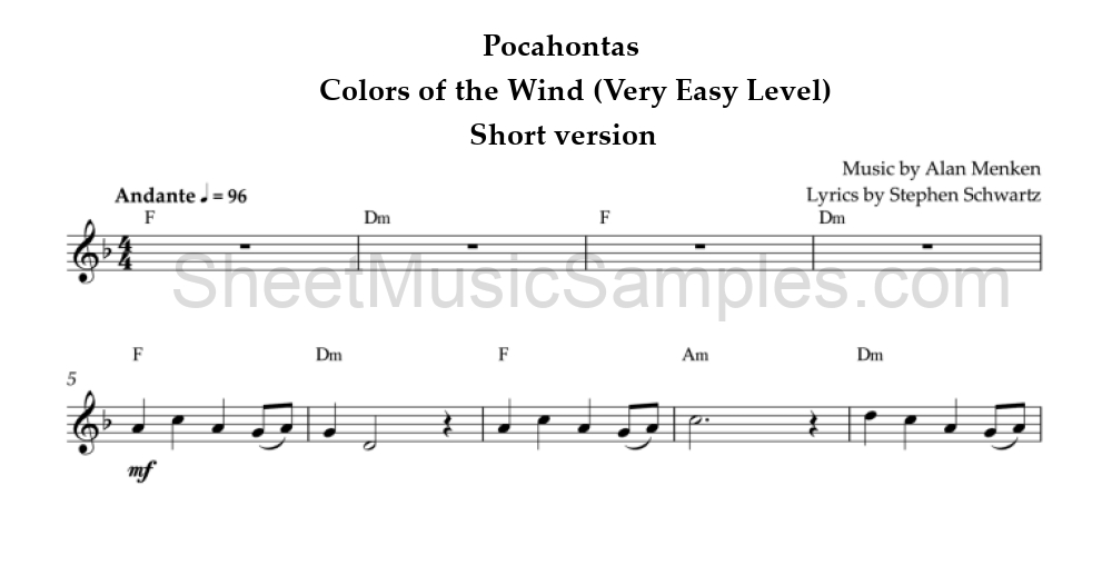 Pocahontas - Colors of the Wind (Very Easy Level) - Short version