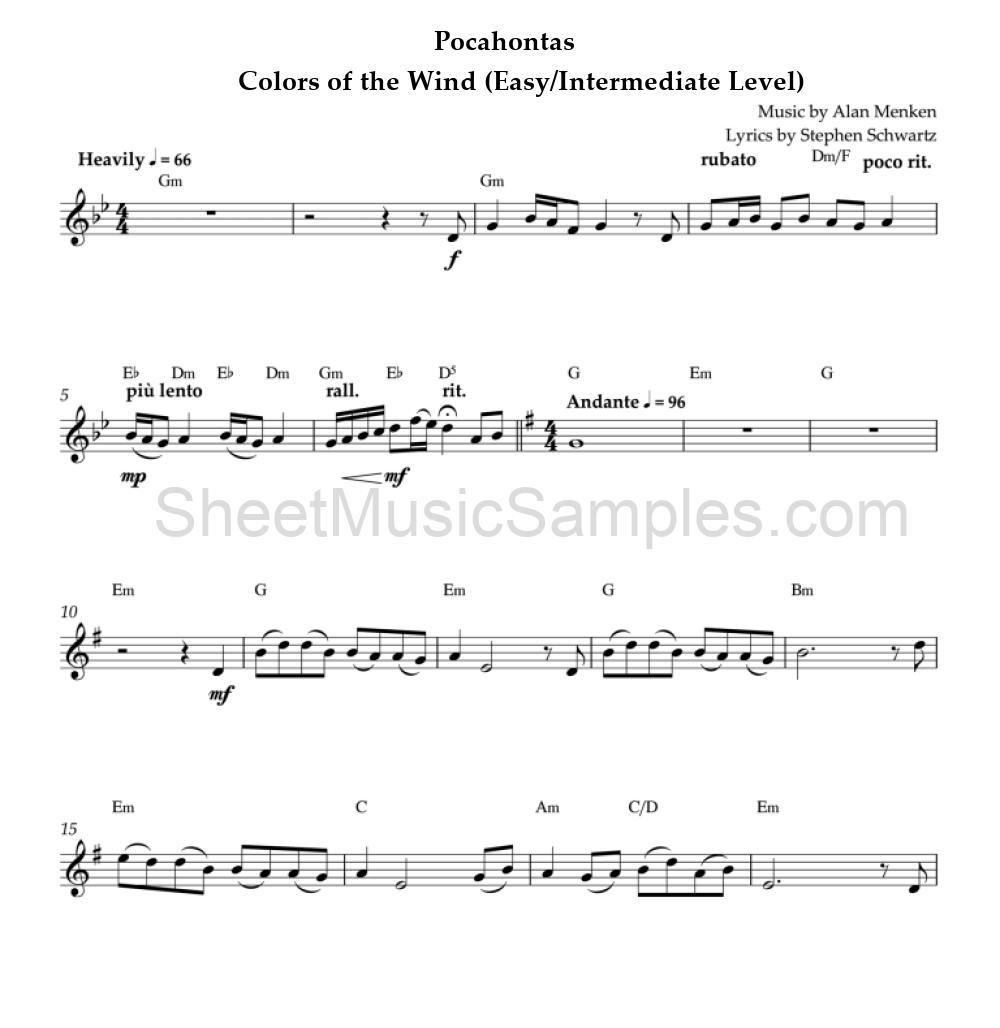 Pocahontas - Colors of the Wind (Easy/Intermediate Level)