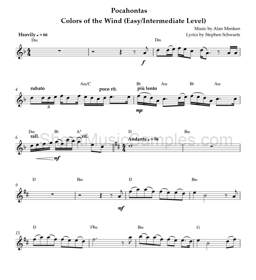 Pocahontas - Colors of the Wind (Easy/Intermediate Level)