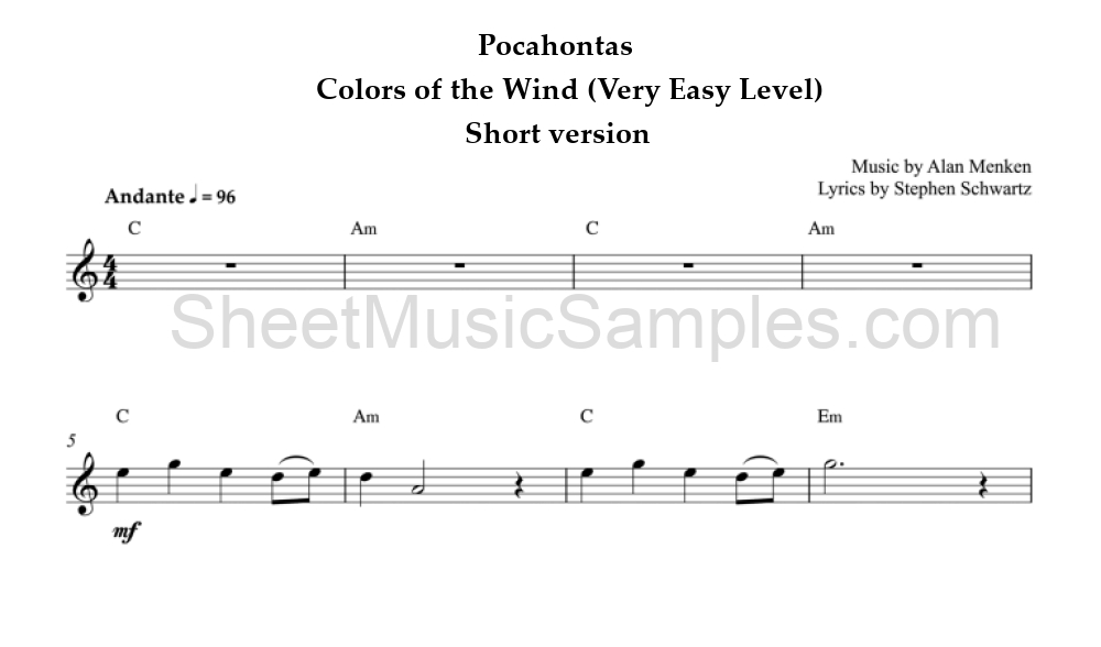 Pocahontas - Colors of the Wind (Very Easy Level) - Short version