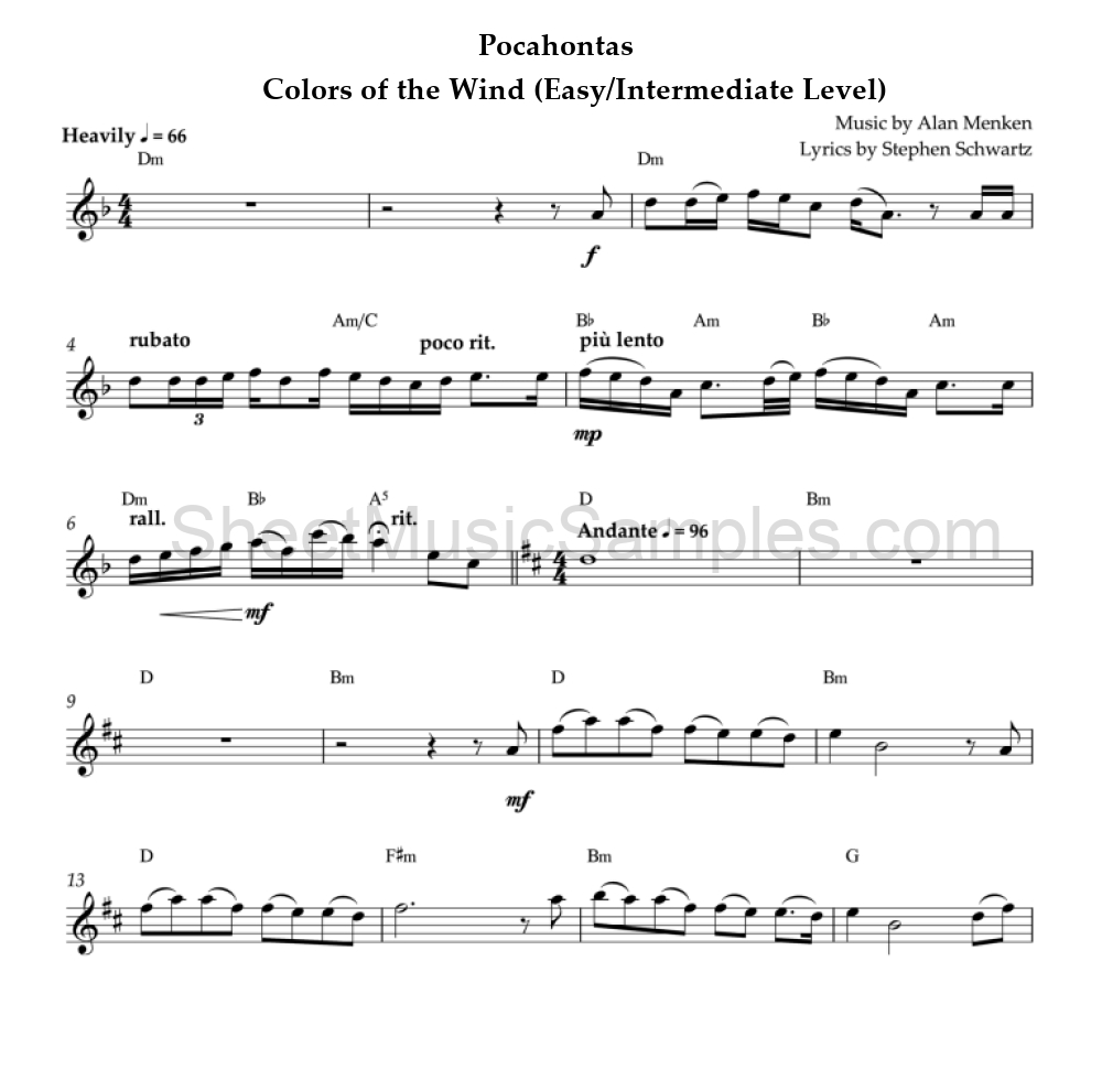 Pocahontas - Colors of the Wind (Easy/Intermediate Level)