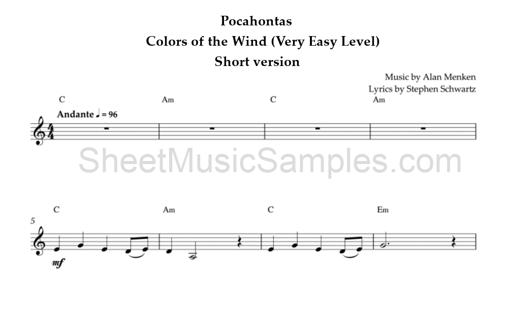 Pocahontas - Colors of the Wind (Very Easy Level) - Short version