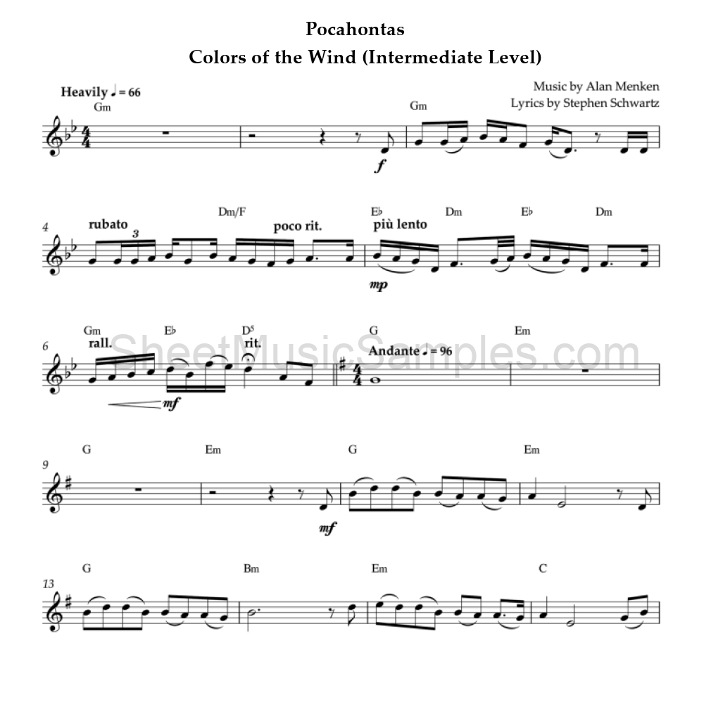 Pocahontas - Colors of the Wind (Intermediate Level)