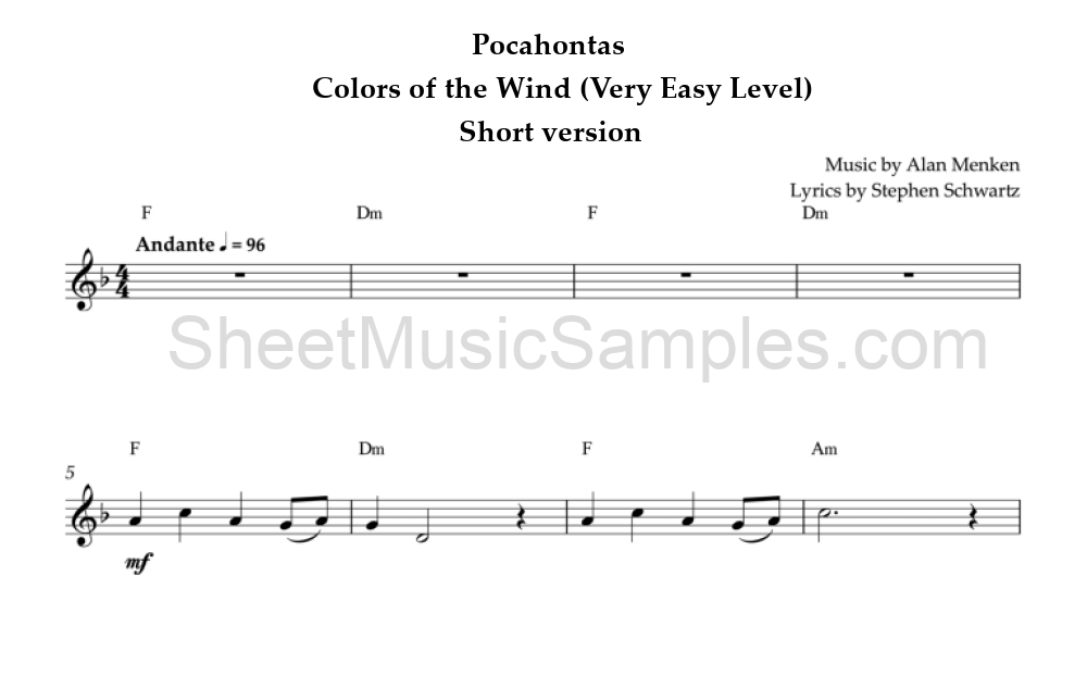 Pocahontas - Colors of the Wind (Very Easy Level) - Short version