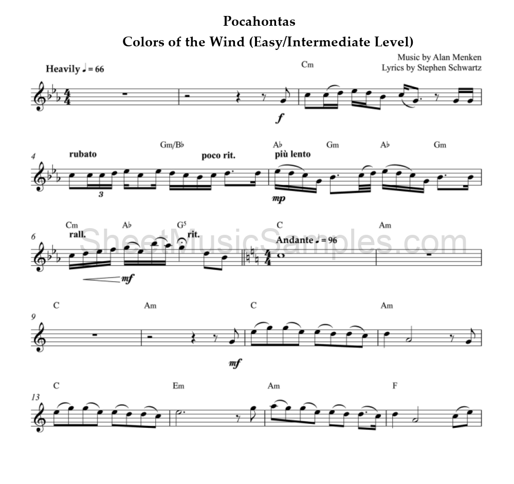 Pocahontas - Colors of the Wind (Easy/Intermediate Level)