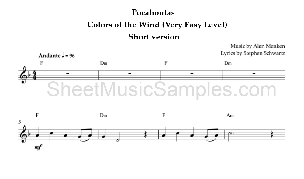 Pocahontas - Colors of the Wind (Very Easy Level) - Short version