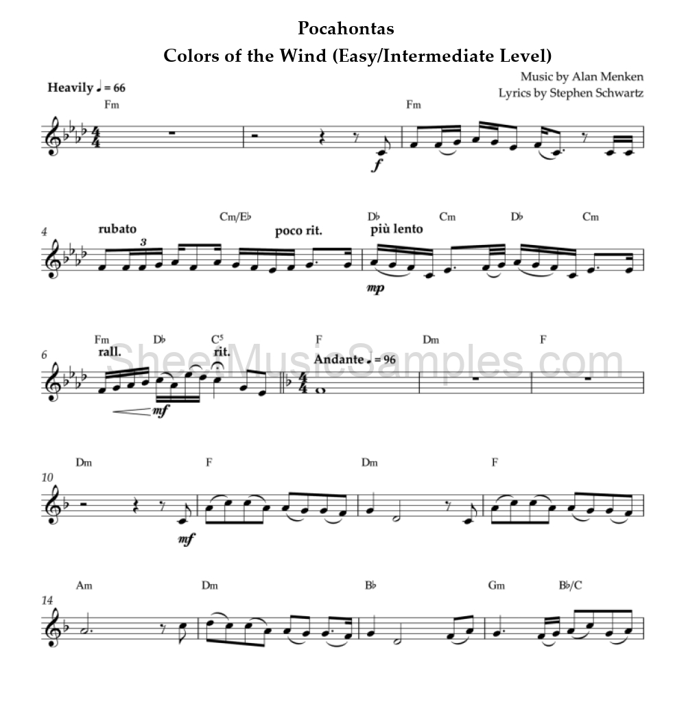 Pocahontas - Colors of the Wind (Easy/Intermediate Level)