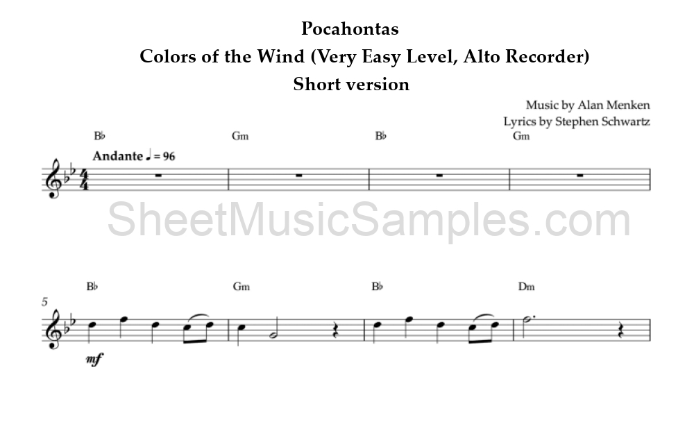 Pocahontas - Colors of the Wind (Very Easy Level, Alto Recorder) - Short version