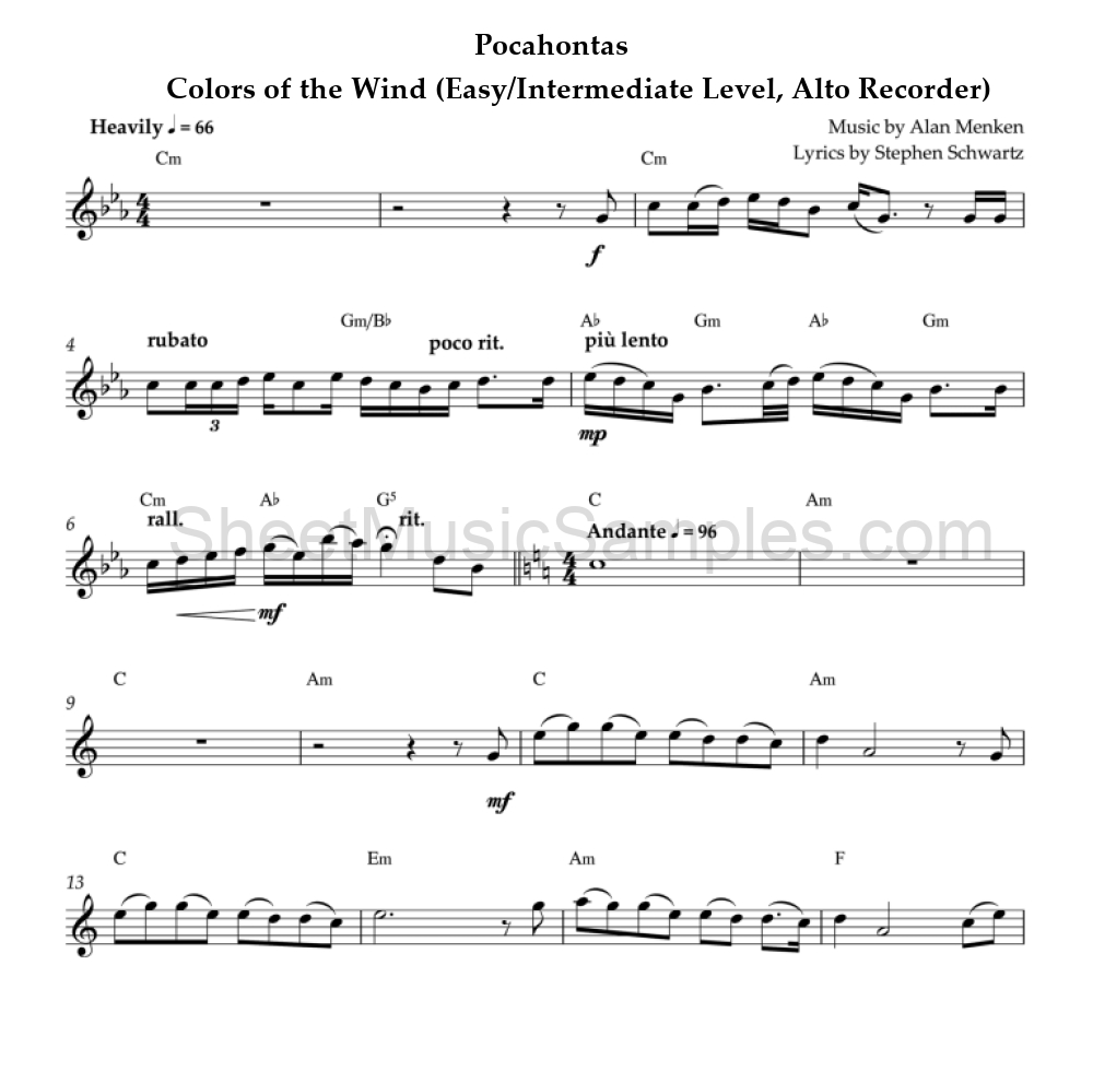 Pocahontas - Colors of the Wind (Easy/Intermediate Level, Alto Recorder)