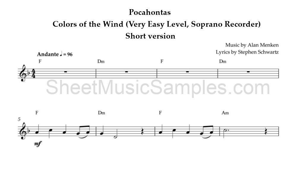 Pocahontas - Colors of the Wind (Very Easy Level, Soprano Recorder) - Short version