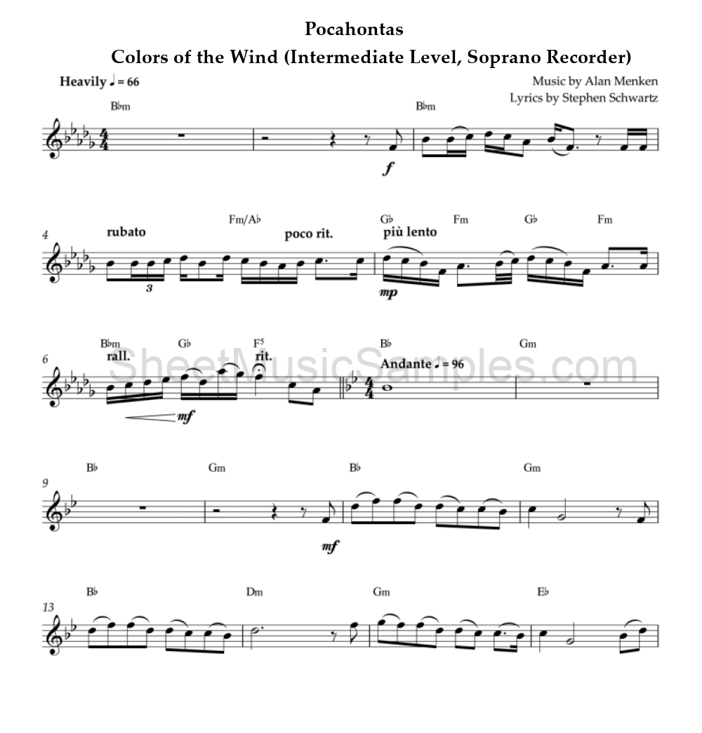 Pocahontas - Colors of the Wind (Intermediate Level, Soprano Recorder)