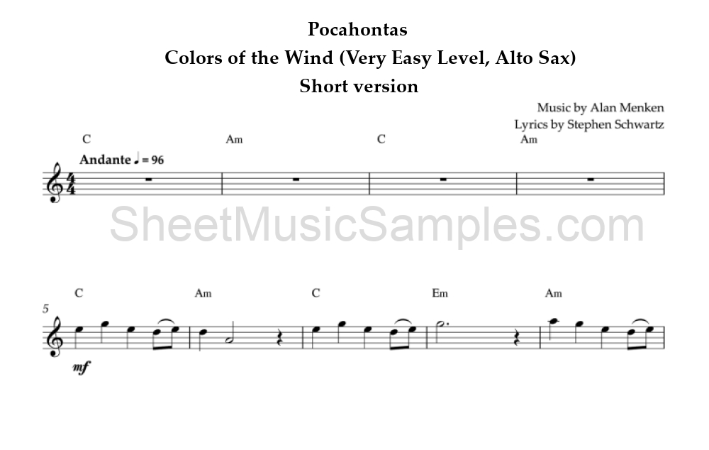 Pocahontas - Colors of the Wind (Very Easy Level, Alto Sax) - Short version