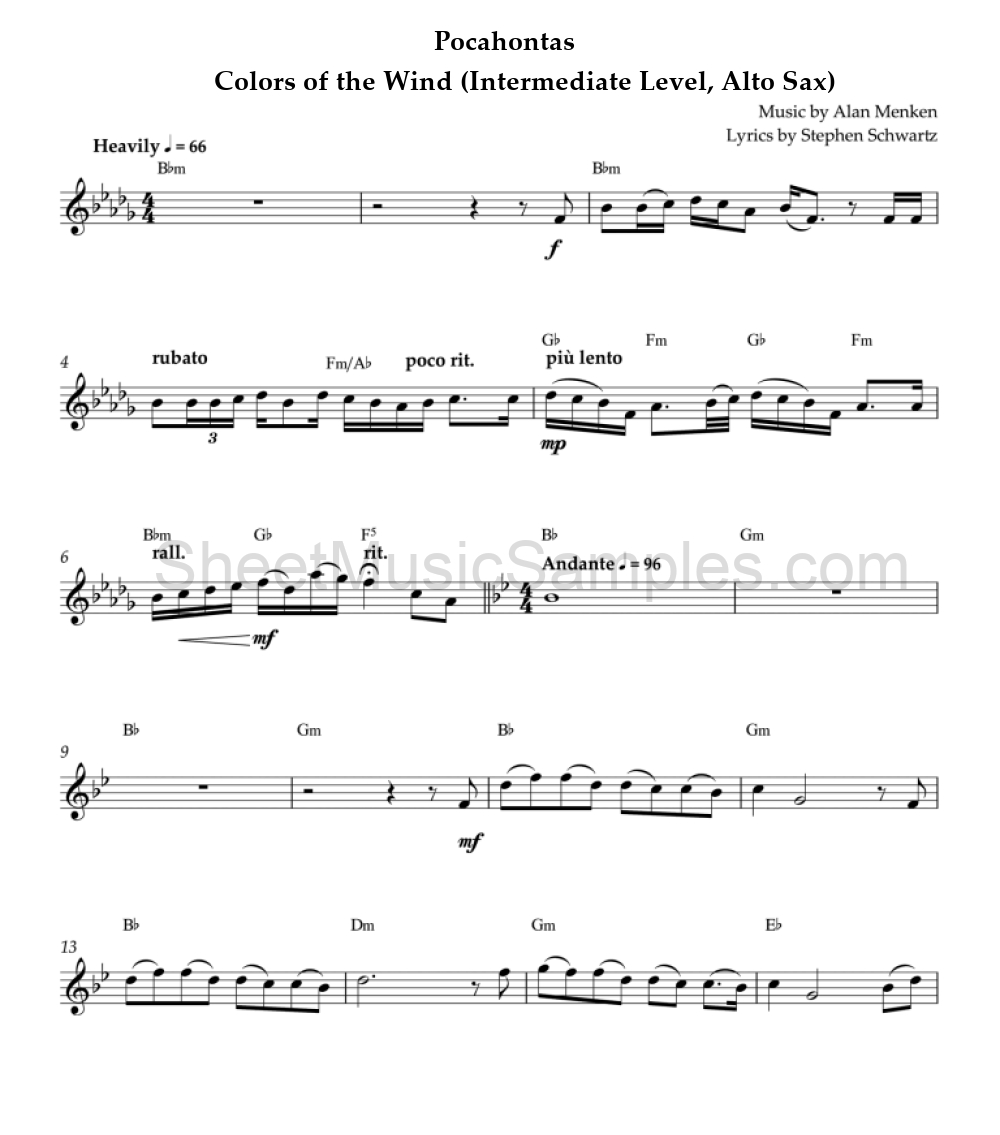 Pocahontas - Colors of the Wind (Intermediate Level, Alto Sax)