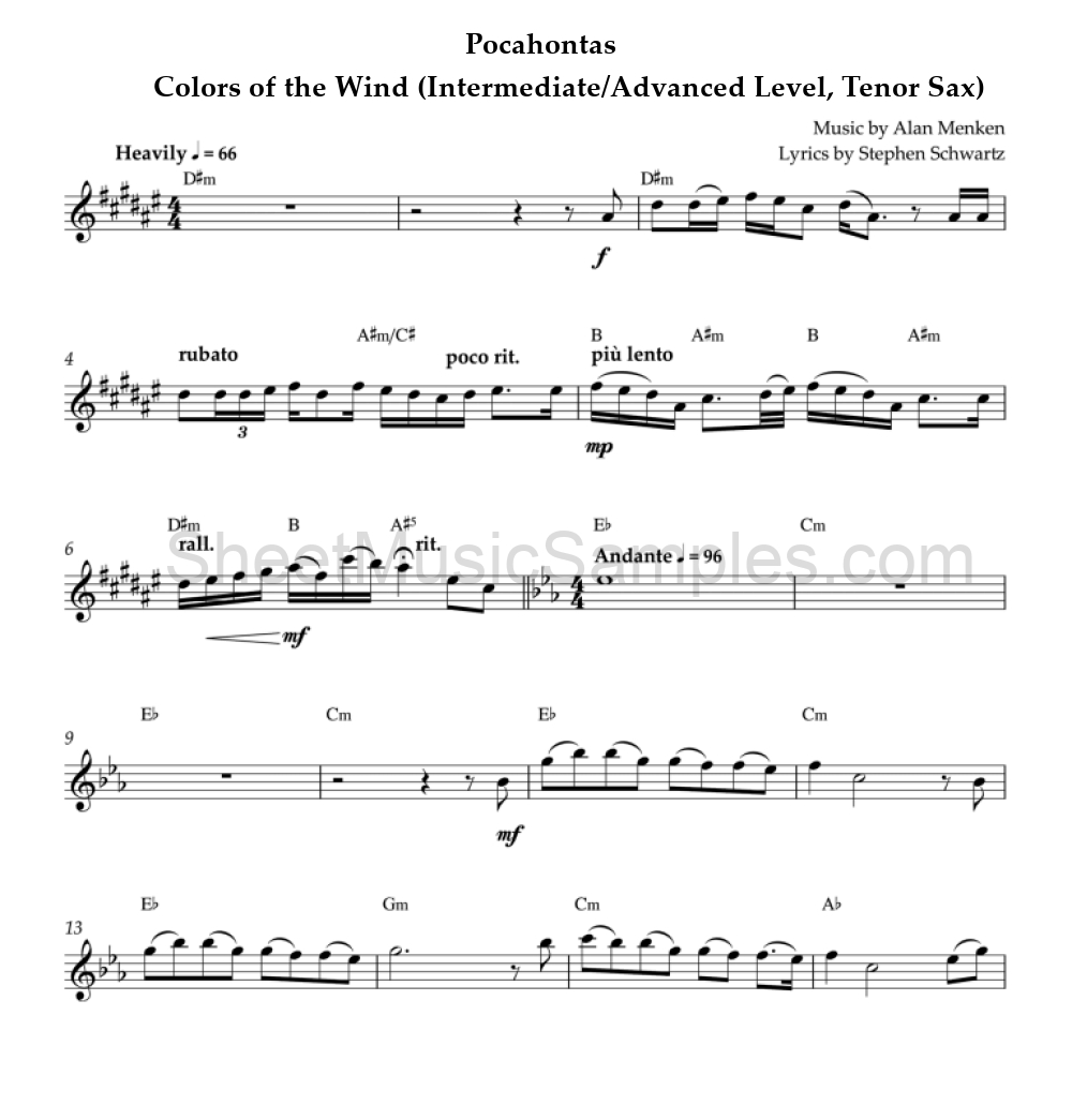 Pocahontas - Colors of the Wind (Intermediate/Advanced Level, Tenor Sax)