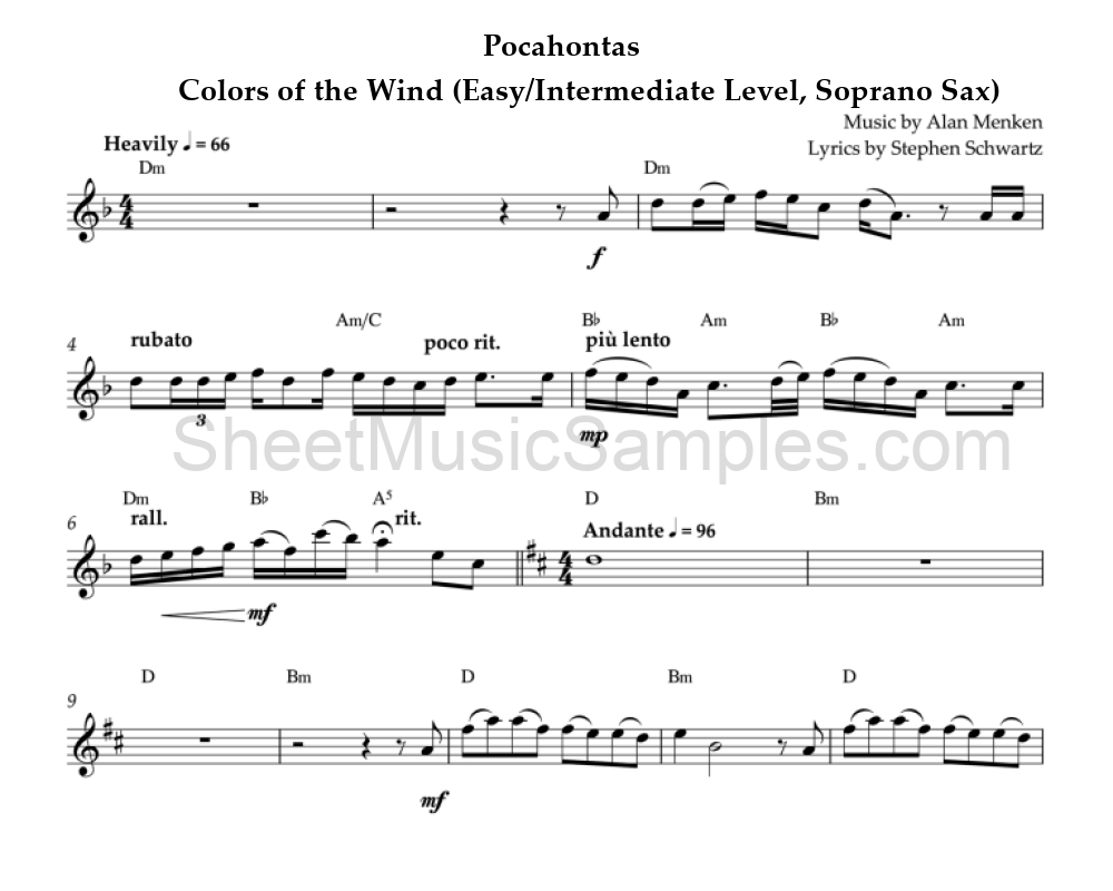 Pocahontas - Colors of the Wind (Easy/Intermediate Level, Soprano Sax)