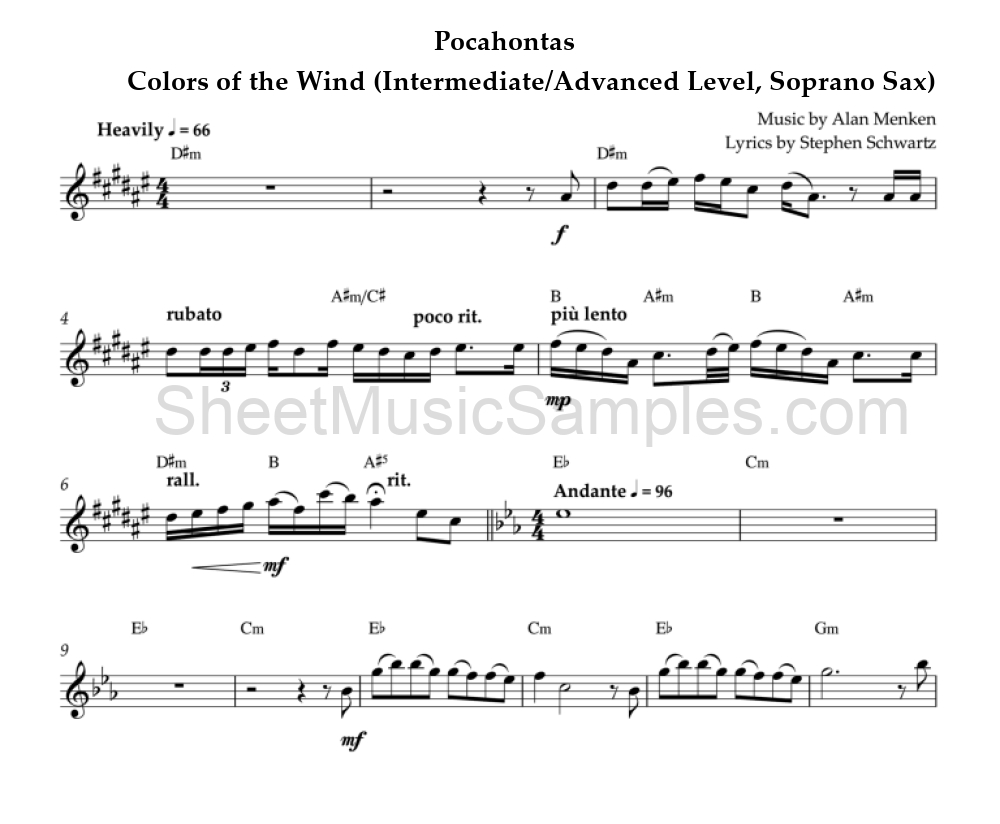 Pocahontas - Colors of the Wind (Intermediate/Advanced Level, Soprano Sax)