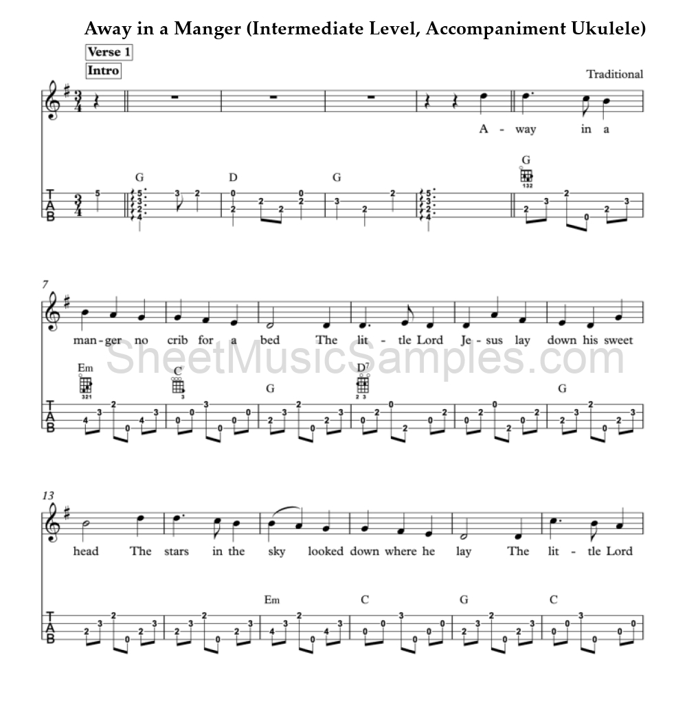 Away in a Manger (Intermediate Level, Accompaniment Ukulele)